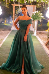 Green A Line Prom Dress One Shoulder Organza Evening Dress