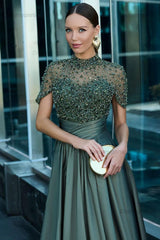 Green A Line Prom Dress Short Sleeve High Neck Beaded Evening Dress