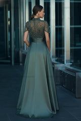 Green A Line Prom Dress Short Sleeve High Neck Beaded Evening Dress