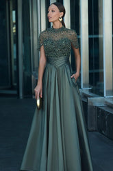 Green A Line Prom Dress Short Sleeve High Neck Beaded Evening Dress