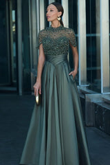 Green A Line Prom Dress Short Sleeve High Neck Beaded Evening Dress