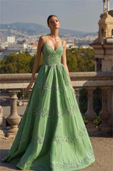 Green A Line Prom Dress Sleeveless Spaghetti Straps Beaded Evening Dress