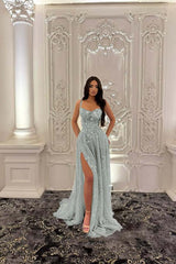 Green A Line Prom Dress Sleeveless Spaghetti Straps Evening Dress With Lace Appliques