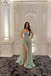 Green A Line Prom Dress Sleeveless Spaghetti Straps Evening Dress With Lace Appliques