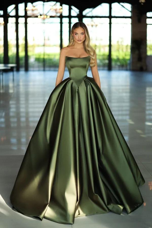 Green Ball Gown Prom Dress Sleeveless Strapless Satin Evening Dress