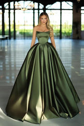 Green Ball Gown Prom Dress Sleeveless Strapless Satin Evening Dress
