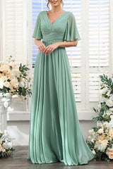 Green Chiffon Bridesmaid Dress V Neck Short Sleeves Wedding Guest Dress