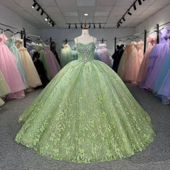 Green Crystal Quinceanera Dress Off The Shoulder Beaded Ball Gown Sweet 16 Party Dress