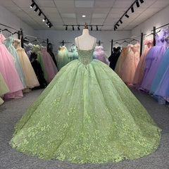 Green Crystal Quinceanera Dress Off The Shoulder Beaded Ball Gown Sweet 16 Party Dress