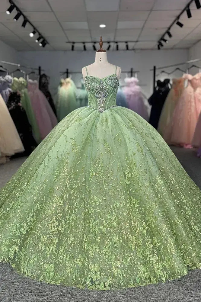 Green Crystal Quinceanera Dress Off The Shoulder Beaded Ball Gown Sweet 16 Party Dress