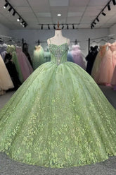 Green Crystal Quinceanera Dress Off The Shoulder Beaded Ball Gown Sweet 16 Party Dress