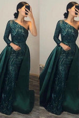 Green Detachable Train Prom Dress Long Sleeve One Shoulder Sequined Evening Dress