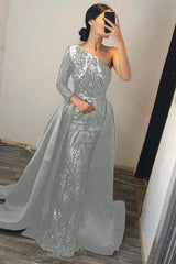 Green Detachable Train Prom Dress Long Sleeve One Shoulder Sequined Evening Dress