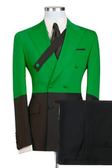 Green Double Breasted Close Fitting Peaked Lapel Prom Suit