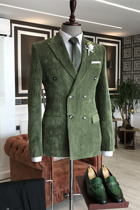 Green Double Breasted Peaked Lapel Corduroy Prom Suit