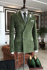 Green Double Breasted Peaked Lapel Corduroy Prom Suit