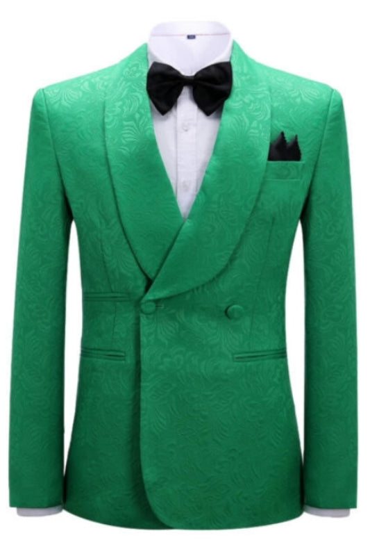 Green Jacquard Double Breasted Shawl Lapel Wedding Suit