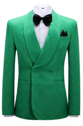 Green Jacquard Double Breasted Shawl Lapel Wedding Suit