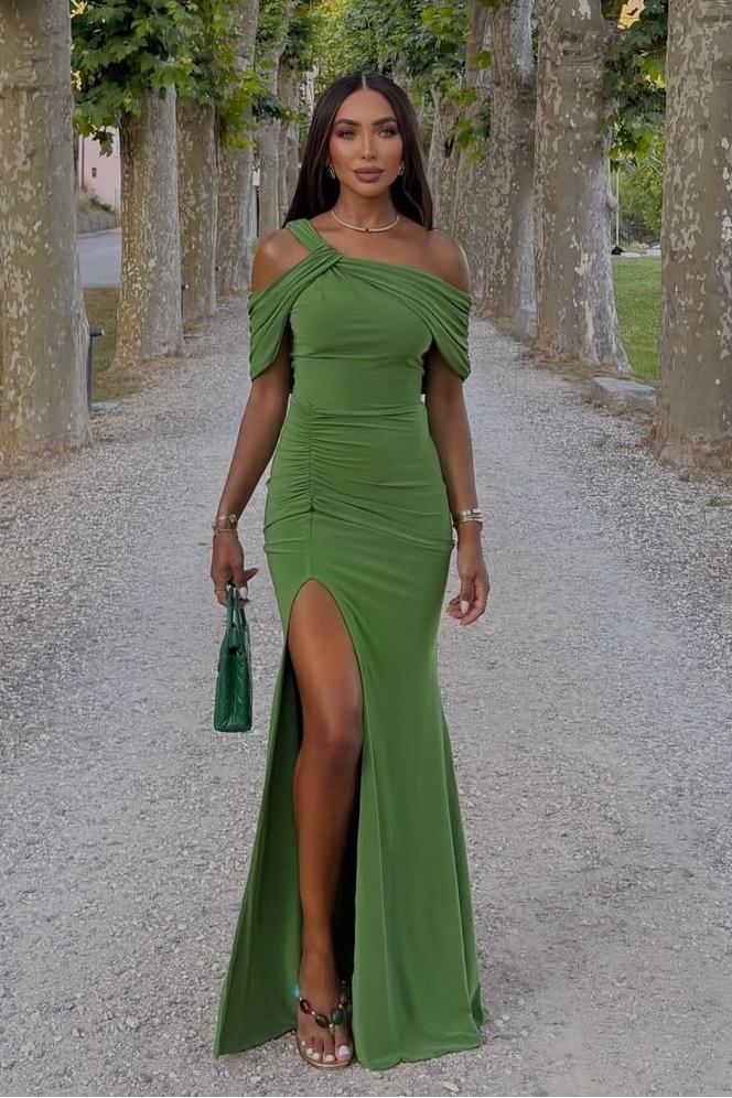 Green Mermaid Prom Dress Asymmetric Neck Satin Evening Dress