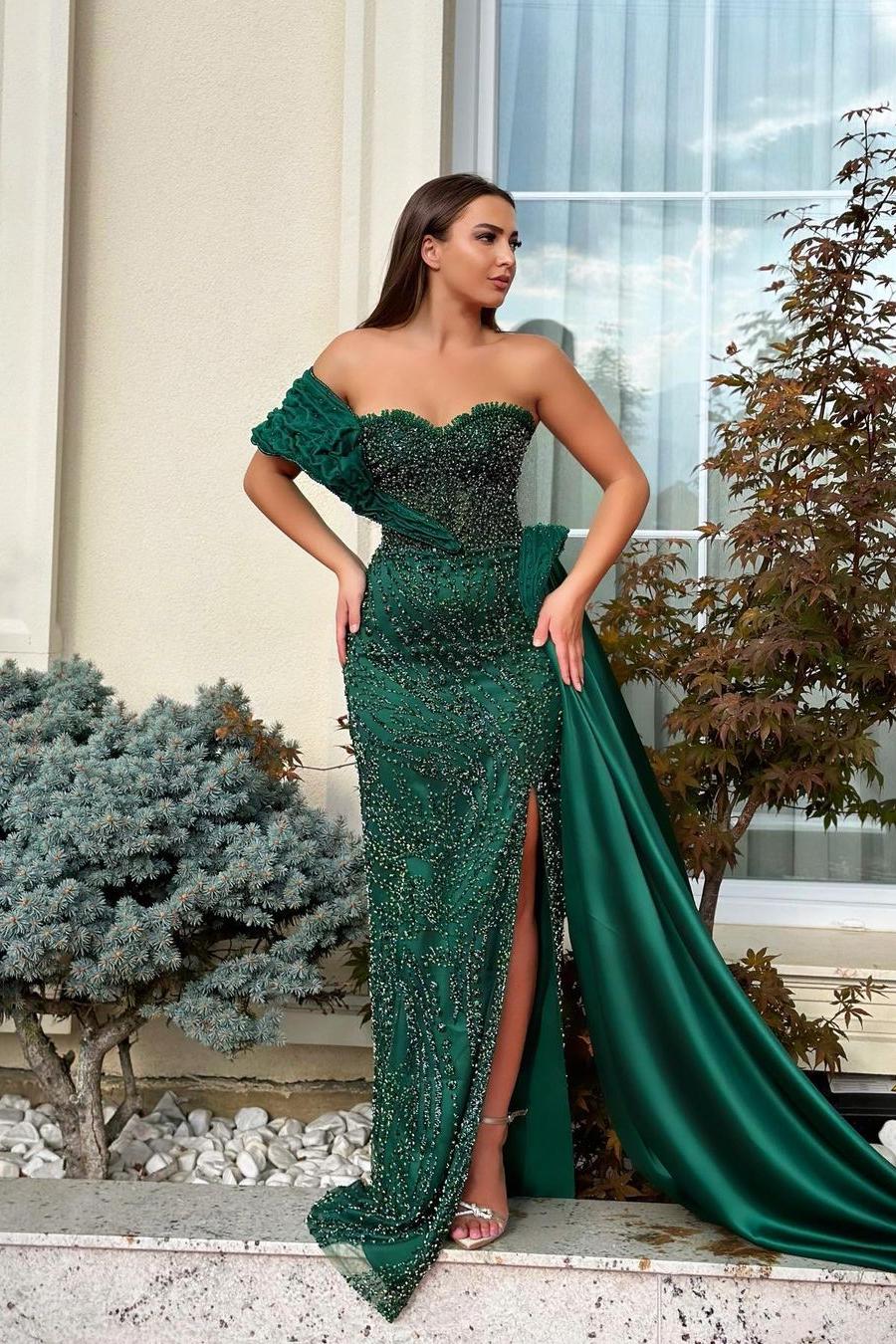 Green Mermaid Prom Dress Beaded One Shoulder Evening Dress