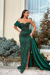 Green Mermaid Prom Dress Beaded One Shoulder Evening Dress