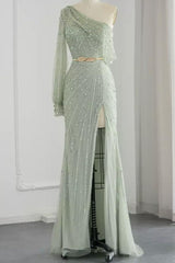 Green Mermaid Prom Dress Long Sleeve Asymmetric Beaded Evening Dress