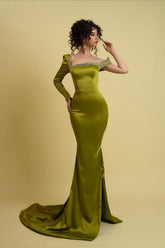 Green Mermaid Prom Dress Long Sleeve Asymmetric Neck Beaded Evening Dress