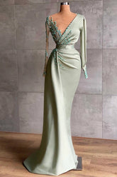 Green Mermaid Prom Dress Long Sleeve Asymmetric Neck Evening Dress With Lace Appliques