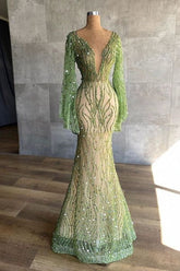 Green Mermaid Prom Dress Long Sleeve Beaded Evening Dress