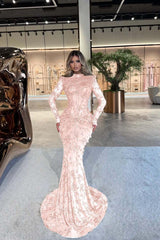 Green Mermaid Prom Dress Long Sleeve High Neck Beaded Evening Dress