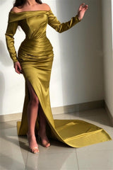Green Mermaid Prom Dress Long Sleeve Off the Shoulder Satin Evening Dress