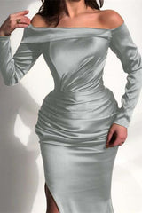 Green Mermaid Prom Dress Long Sleeve Off the Shoulder Satin Evening Dress