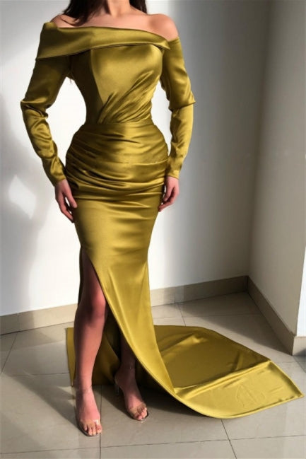 Green Mermaid Prom Dress Long Sleeve Off the Shoulder Satin Evening Dress