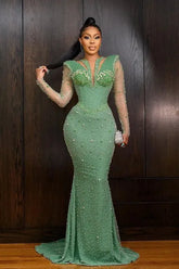 Green Mermaid Prom Dress Long Sleeve Sequined Evening Dress