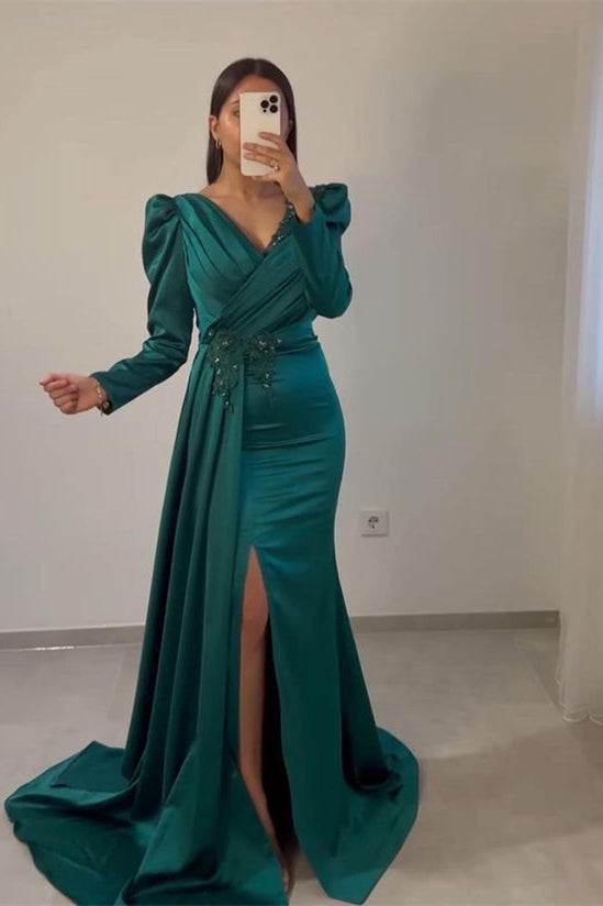 Green Mermaid Prom Dress Long Sleeve V Neck Beaded Evening Dress