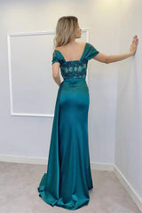 Green Mermaid Prom Dress Off the Shoulder Evening Dress With Lace Appliques