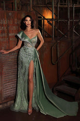 Green Mermaid Prom Dress One Shoulder Sequined Evening Dress
