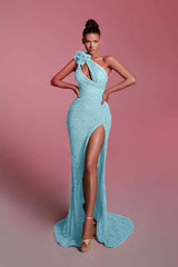 Green Mermaid Prom Dress One Shoulder Sequined Sleeveless Evening Dress
