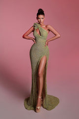 Green Mermaid Prom Dress One Shoulder Sequined Sleeveless Evening Dress
