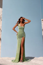 Green Mermaid Prom Dress Sequined One Shoulder Evening Dress
