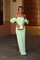 Green Mermaid Prom Dress Short Sleeve Strapless Satin Evening Dress