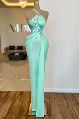 Green Mermaid Prom Dress Sleeveless Halter Neck Beaded Evening Dress