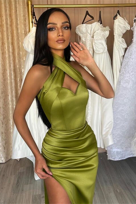 Green Mermaid Prom Dress Sleeveless Halter Neck Satin Evening Dress