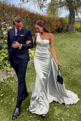 Green Mermaid Prom Dress Sleeveless One Shoulder Satin Evening Dress