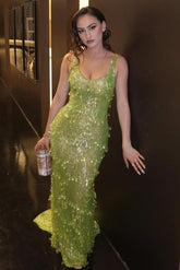 Green Mermaid Prom Dress Sleeveless Scoop Neck Sequined Evening Dress