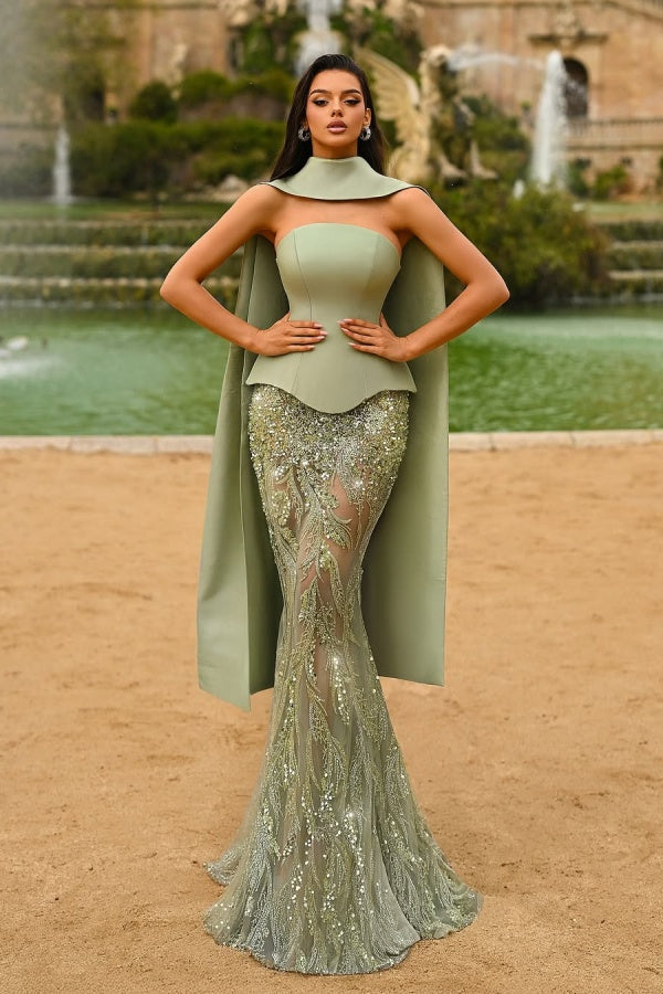 Green Mermaid Prom Dress Sleeveless Strapless Evening Dress With Lace Appliques