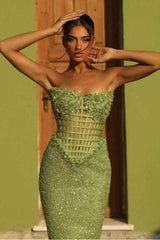 Green Mermaid Prom Dress Sleeveless Strapless Sequined Evening Dress
