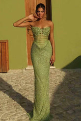 Green Mermaid Prom Dress Sleeveless Strapless Sequined Evening Dress