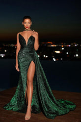 Green Mermaid Prom Dress Sleeveless Sweetheart Sequined Evening Dress