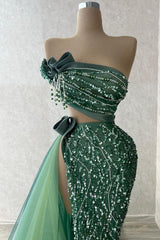 Green Mermaid Prom Dress Strapless Beaded Evening Dress